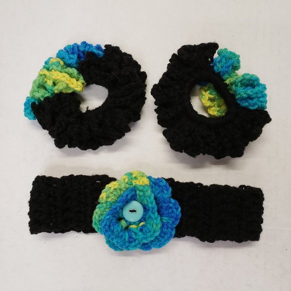 Woman's Handmade Crochet 2 Scrunchies and Headband |Multicolor & Black - Picture 1 of 10
